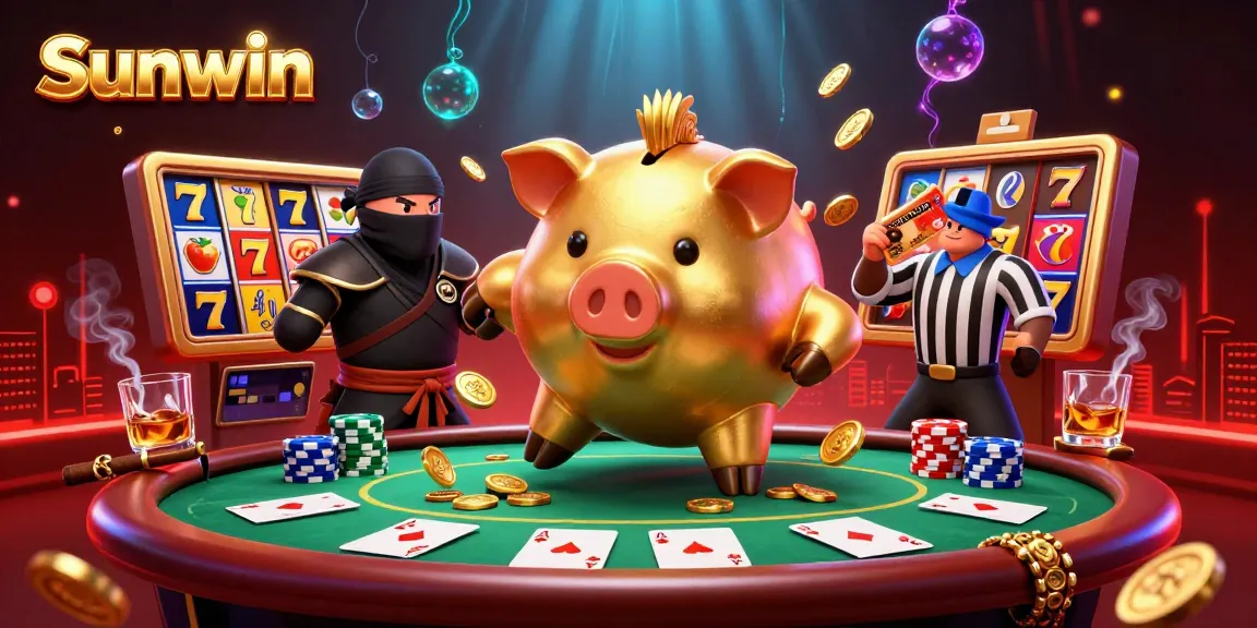 Experience thrilling jackpots and vibrant gaming at Sunwin with a dynamic casino scene featuring a golden piggy bank sumo wrestler.