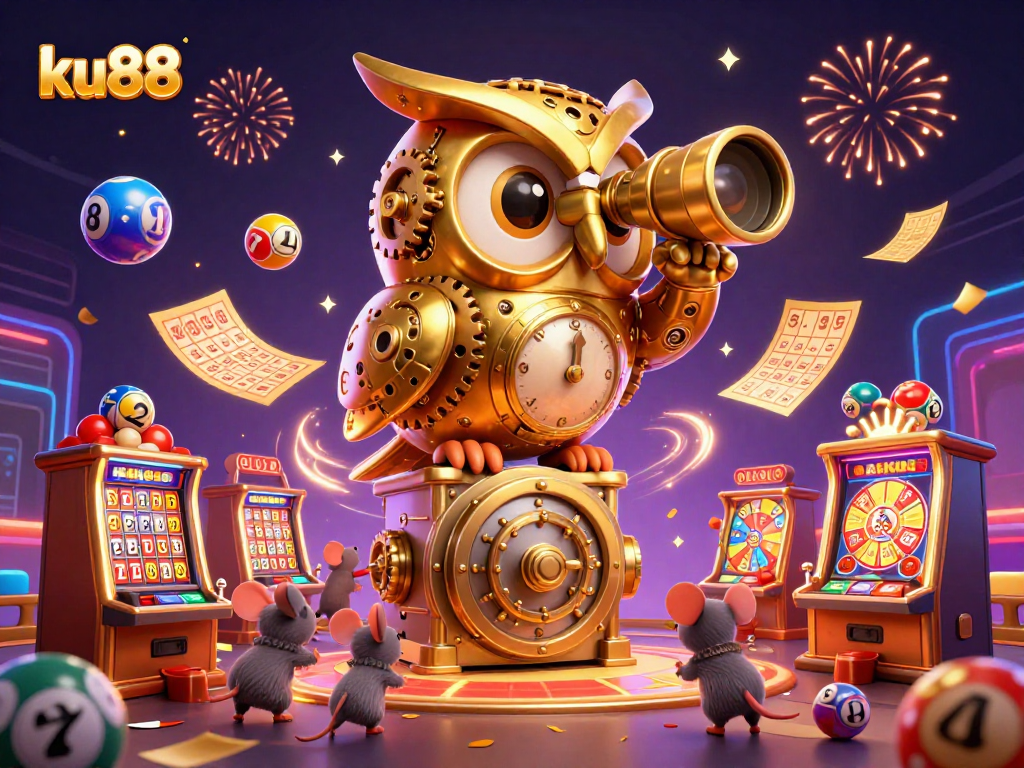 Engage with ku88 through an exciting 3D casino scene featuring a golden owl and vibrant lottery elements.