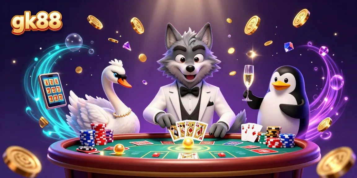 Experience the vibrant gaming scene of gk88 with lively characters and dynamic casino elements.
