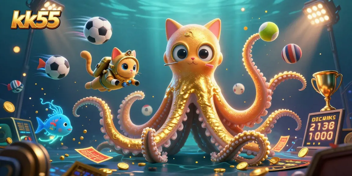 Engage with thrilling betting adventures at kk55 featuring a kraken and diving cat amidst vibrant sports elements.