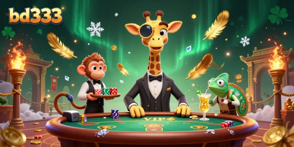 Experience the excitement of bd333 with this vibrant 3D illustration of a giraffe playing poker.