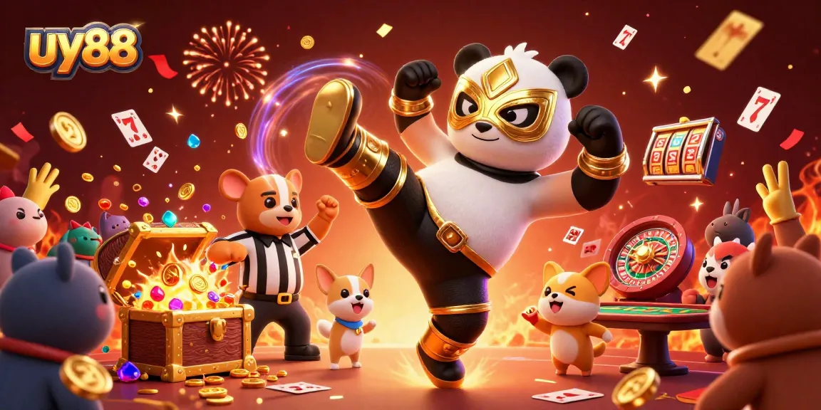 Experience the excitement of uy88 with a panda fighter kicking through a packed casino atmosphere.
