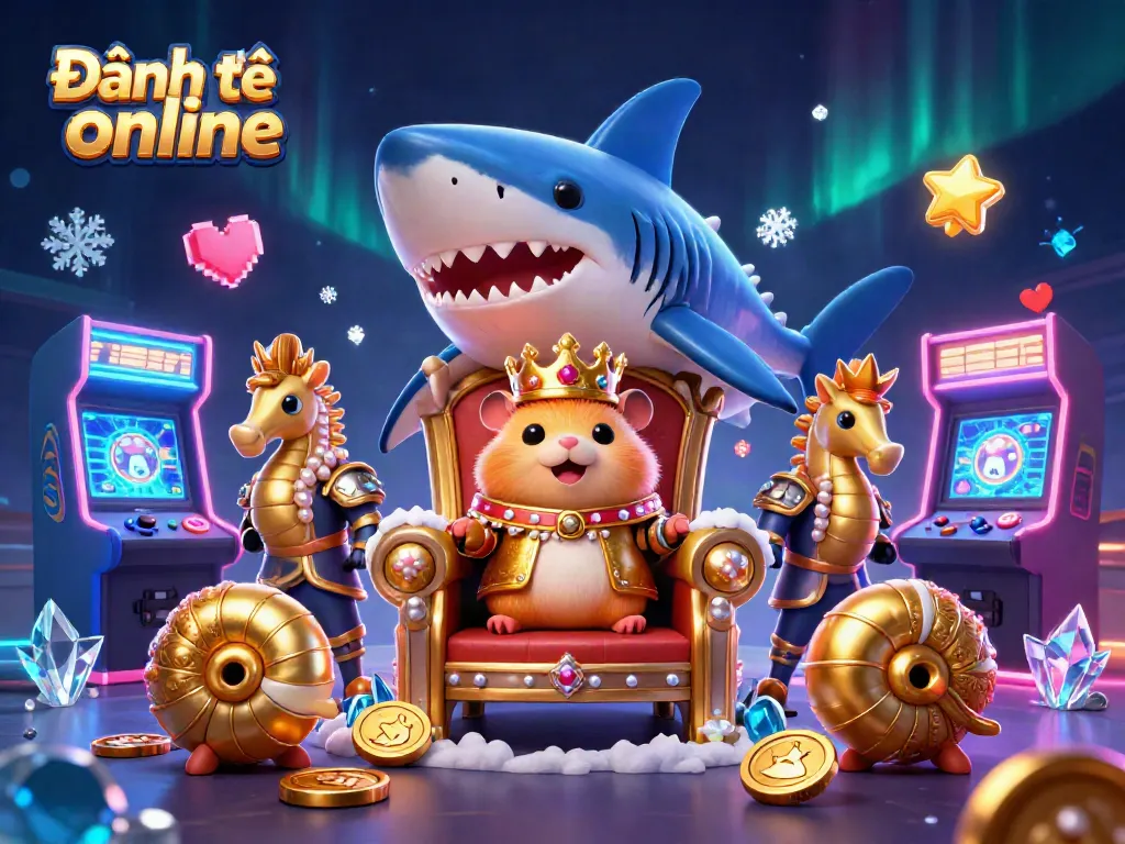 Enjoy Đánh đề online with a fierce golden hamster king amid vibrant arcade gaming elements.