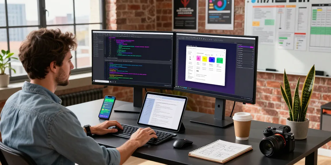 Build internal tools with AI in a modern software development workspace featuring a developer coding and collaborating.