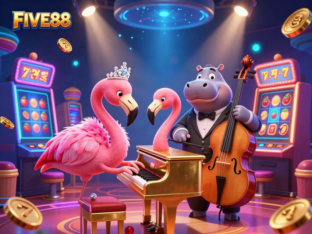 Experience unique gaming at FIVE88 with a lively flamingo singer and hippo bassist showcasing exclusive casino vibes.