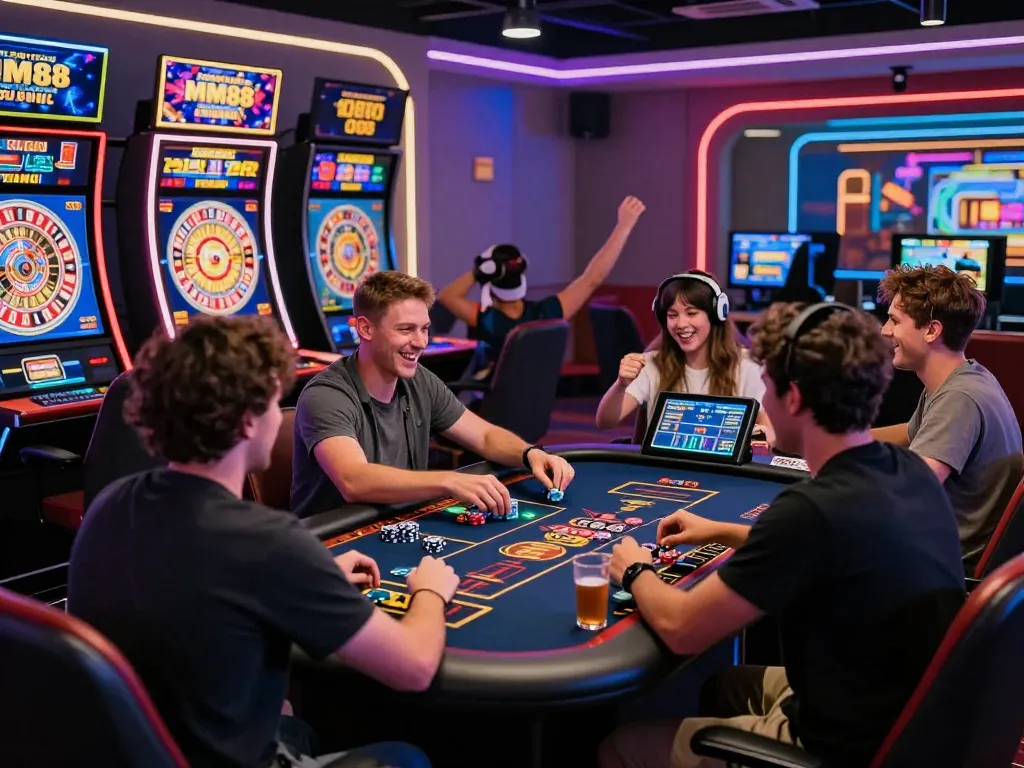 Players enjoying the thrilling MM88 online casino gaming experience with vibrant visuals and technology.