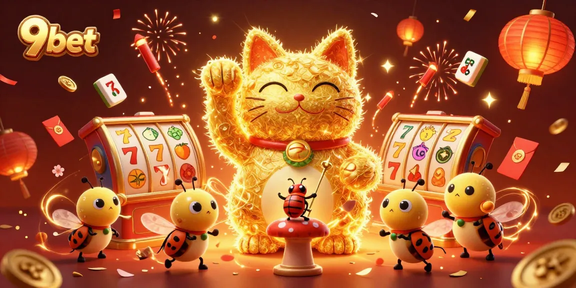 Engage with 9bet's dynamic casino world through a vibrant illustration featuring a lucky cat.