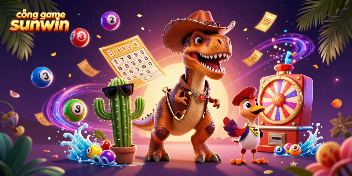 Engage with cổng game sunwin as a cowboy dinosaur and friends enjoy vibrant lottery elements.