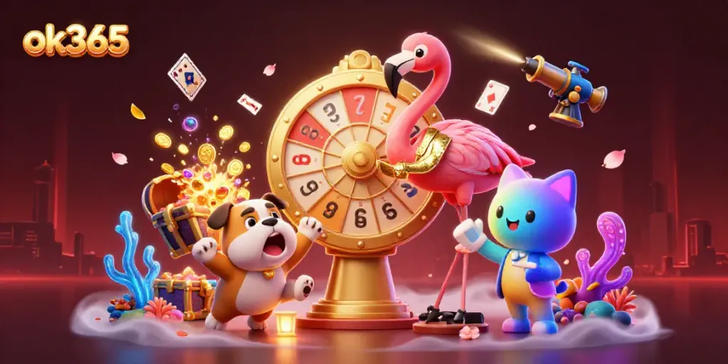 Experience the excitement of ok365 with a dynamic scene of a flamingo host and bulldog contestant in a vibrant casino setting.