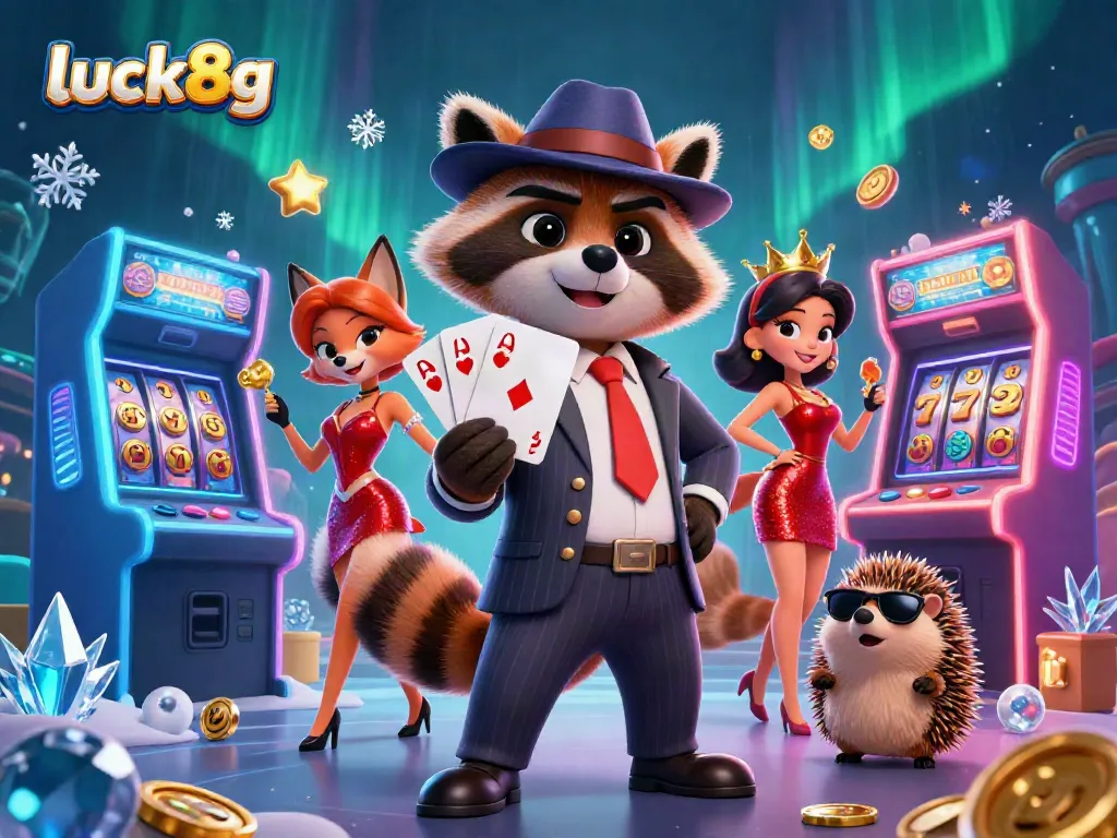 Experience excitement at luck8g with a raccoon dealer, fox lady companion, and hedgehog bouncer in a vibrant casino setting.