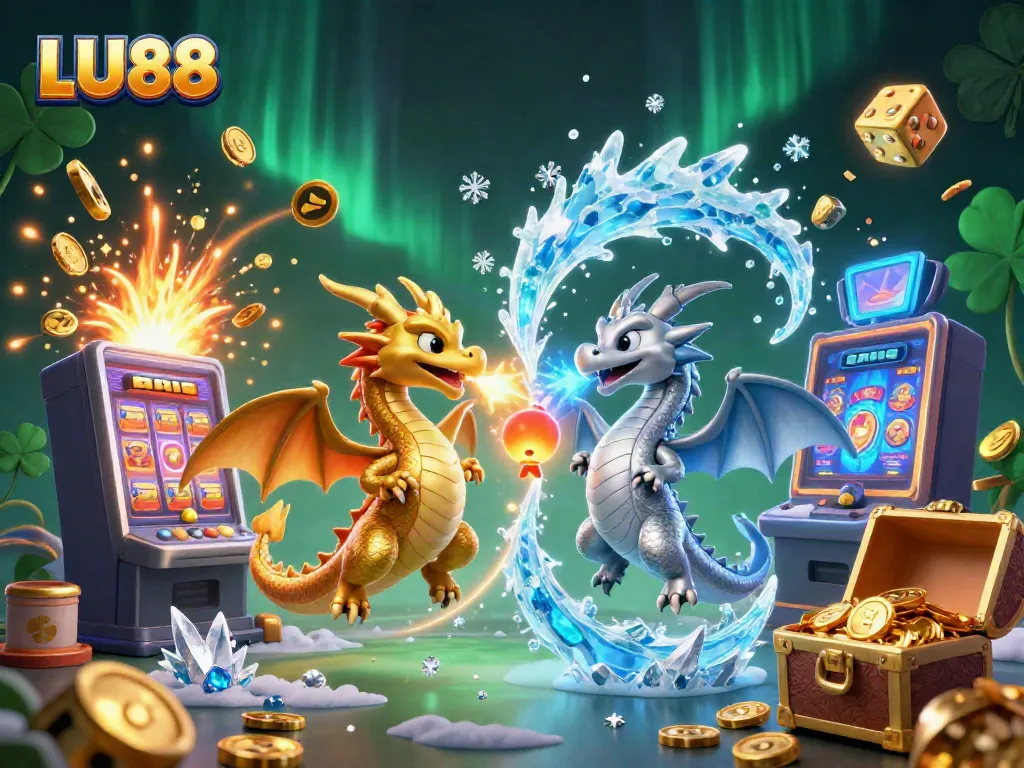 LU88 showcases an engaging 3D illustration of twin dragons and dynamic casino elements, capturing the excitement of gaming.