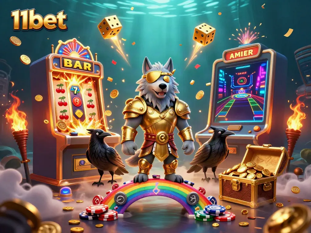 Experience the thrilling world of 11bet with Odin and his ravens in a dynamic casino scene.