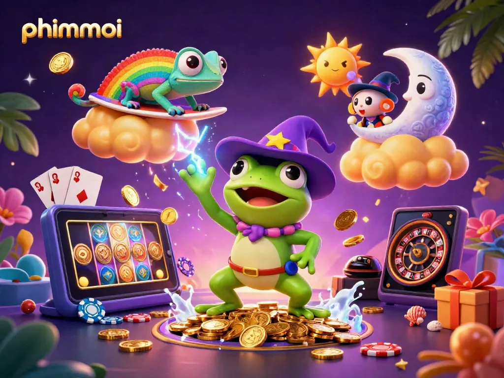 Experience the thrill of phimmoi with a vibrant 3D illustration of a whimsical casino scene filled with golden coins.