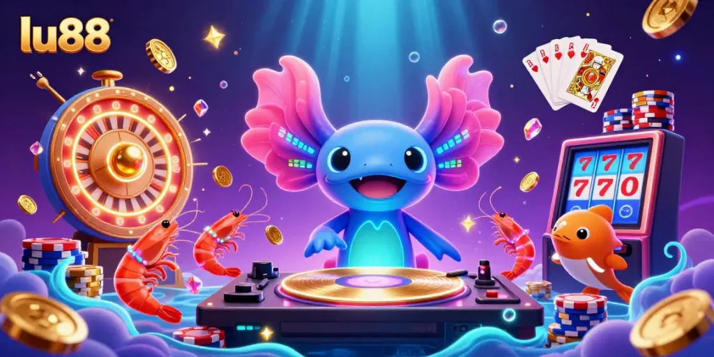 Experience thrilling gameplay at lu88 with neon characters spinning, winning coins, and exciting energy.