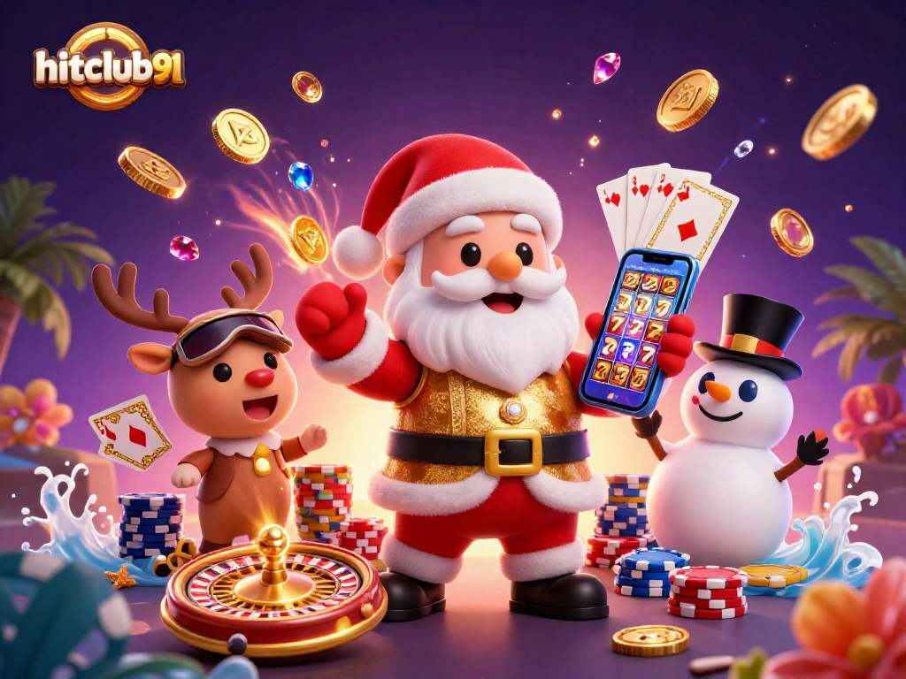 Experience jackpot excitement at hitclub91 with Santa, slots, and festive casino elements.
