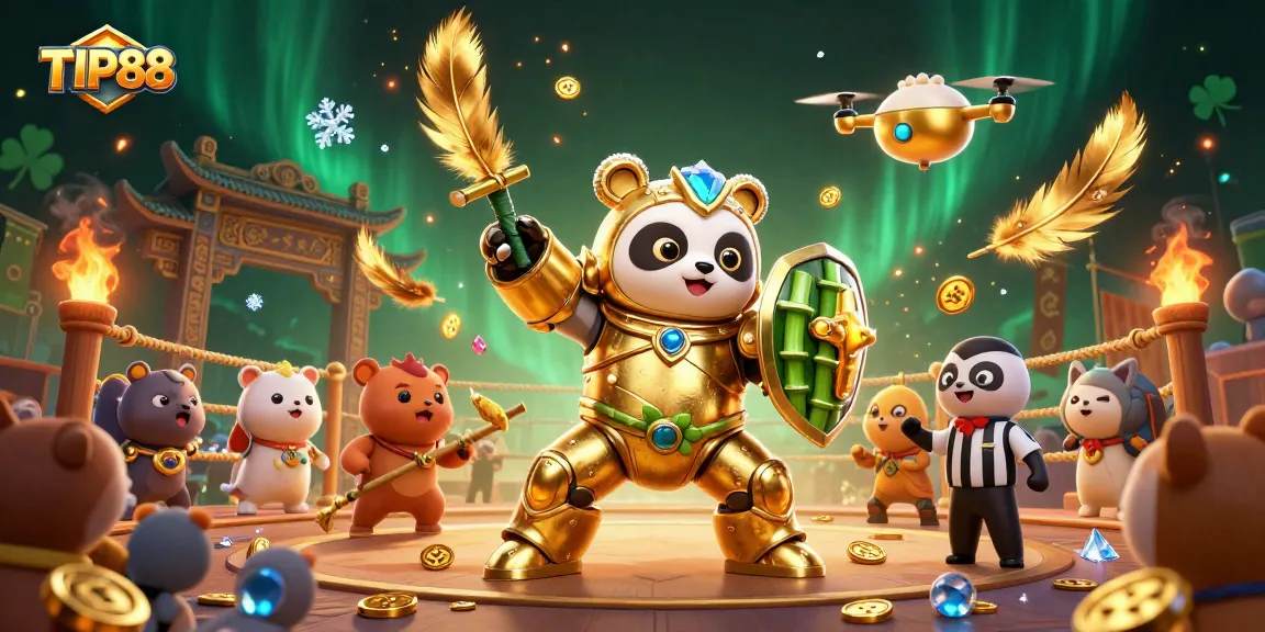 Engage with TIP88 in a vibrant 3D casino scene featuring a panda battling in a colorful arena.