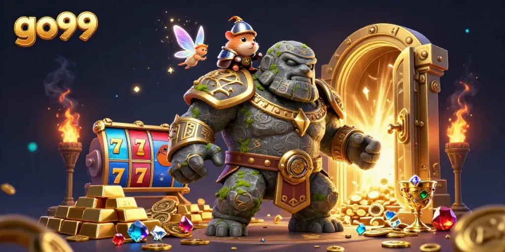 Experience thrilling action at go99 with slots and treasures in this vibrant 3D casino scene.