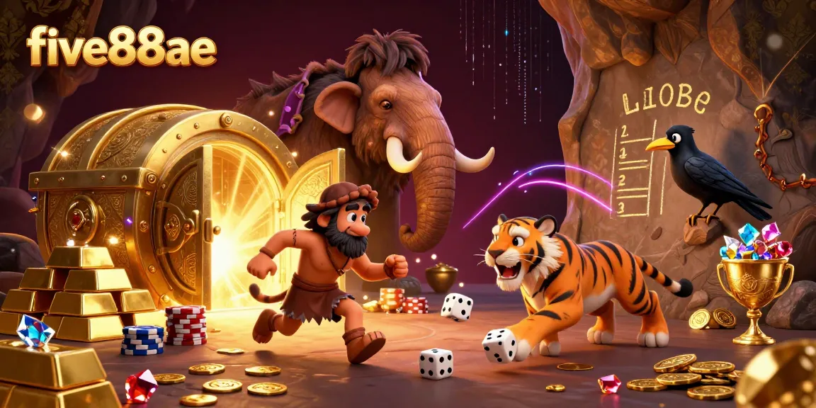 Win big at five88ae with vibrant casino-themed 3D illustration showcasing a prehistoric gaming scene.