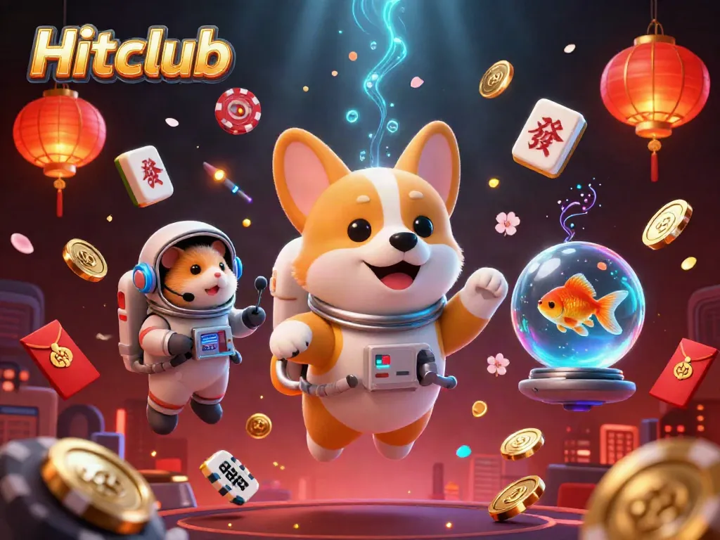 Hitclub offers thrilling casino gameplay with floating elements, engaging players in a vibrant space casino atmosphere.