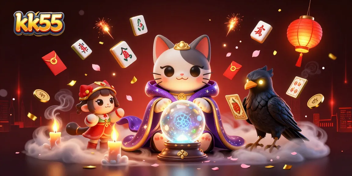 Enjoy thrilling gambling adventures at kk55 with mystical fortune teller cat and tarot raven amidst festive casino decorations.