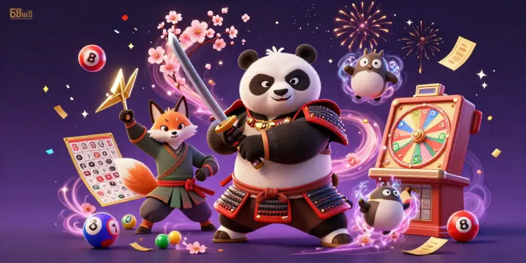 Experience thrilling adventures with 68win as samurai panda, ninja fox, and spirit tanuki engage in exciting gambling activities.
