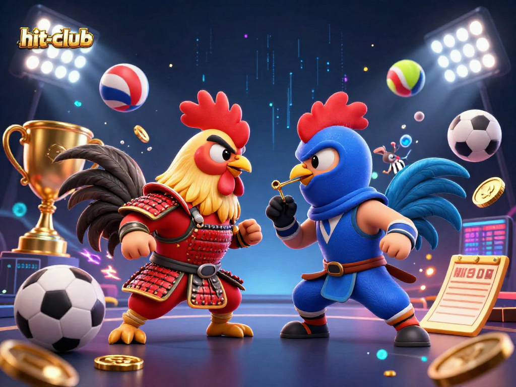 Compete in exhilarating games at hit-club, where fighting roosters clash in a dynamic casino illustration.