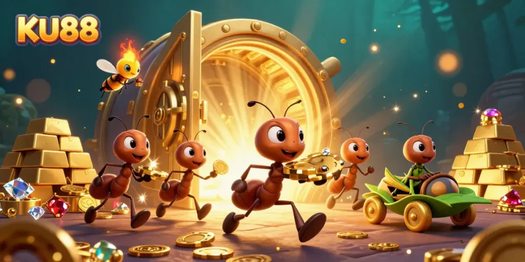 KU88 ants heist scene celebrating jackpot victory with colorful treasures and a golden poker chip.