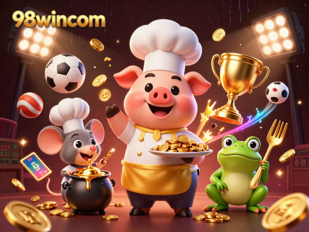 Bet on success with 98wincom's dynamic casino scene featuring gold coins and vibrant sports elements.