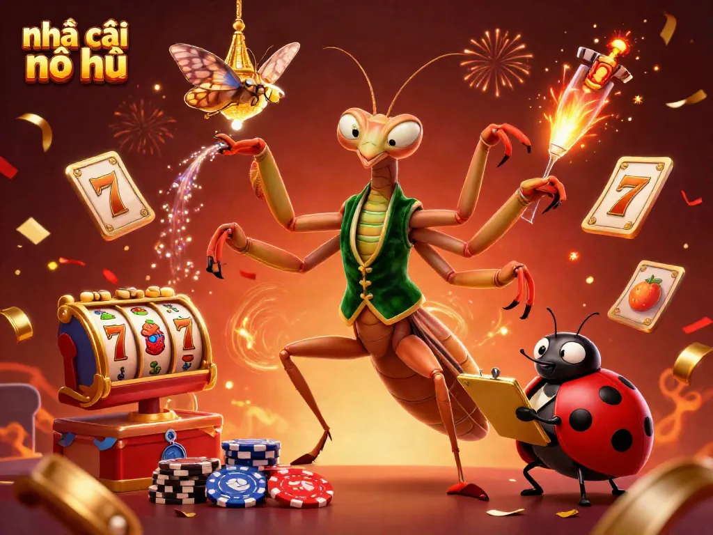 Experience the excitement of nhà cái nổ hũ as festive characters celebrate with slot game symbols and fireworks.