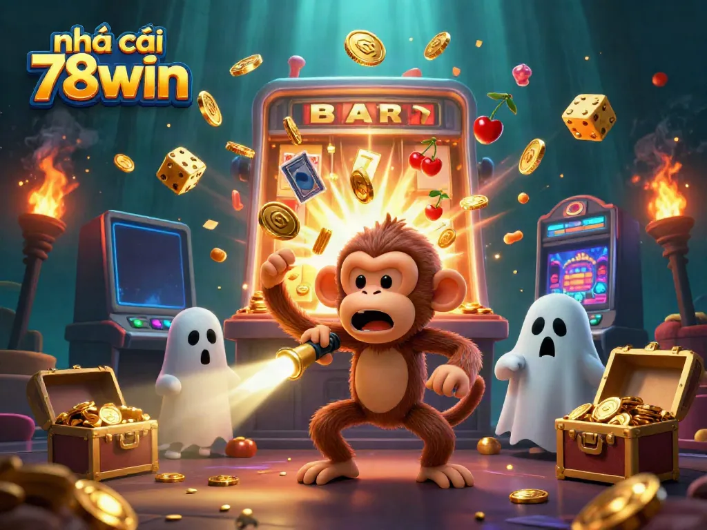 A playful scene of nhà cái 78win with a mischievous ghost monkey juggling casino items around a vibrant slot machine.