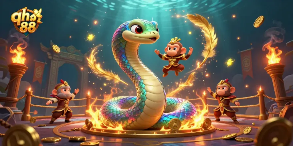 Experience excitement at qh 88 with a dynamic 3D illustration featuring a vibrant scene of a rainbow serpent and a monkey king.