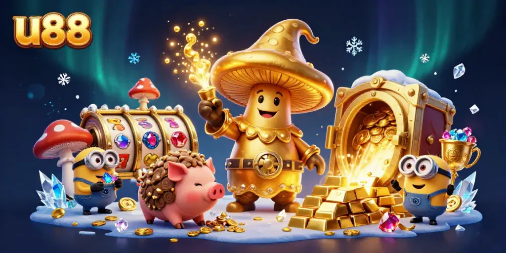 Experience thrilling gameplay at u88 with enchanting wizard characters surrounded by sparkling slot jackpots and treasures.