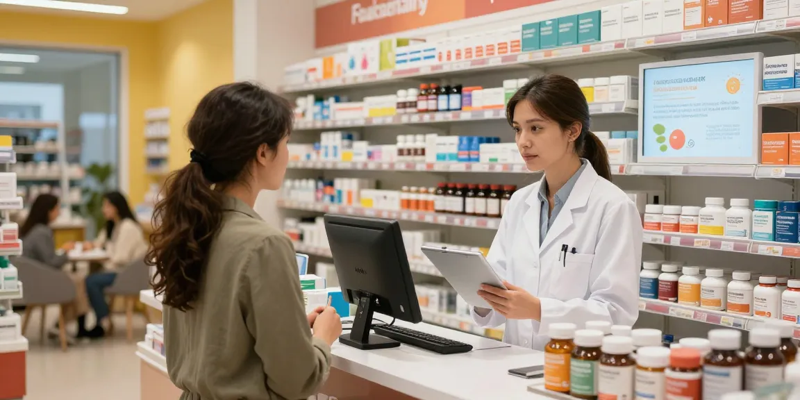 Unieke Pharma Shop, apotheker helpt klant met premium gezondheidssupplementen in moderne winkel.