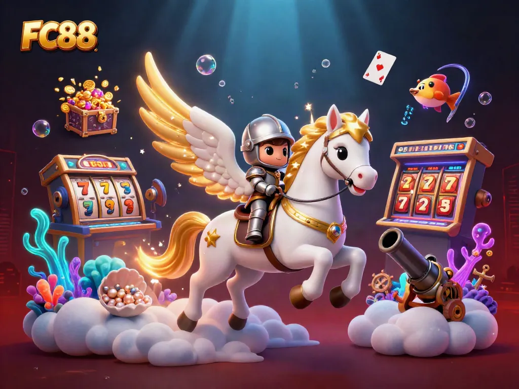 Experience the vibrant world of casino gaming with FC88's dynamic 3D illustration featuring exciting elements.