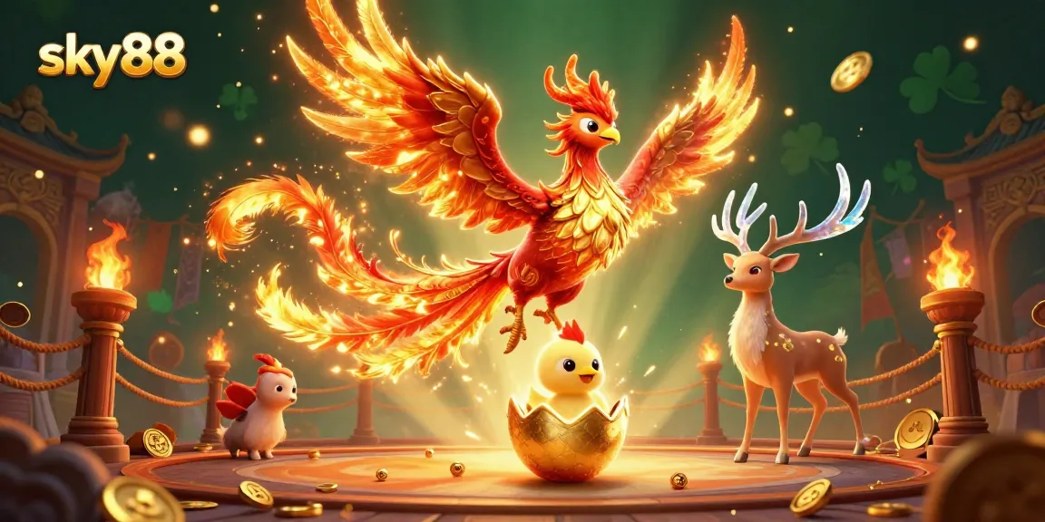 Experience the thrill of sky88 with a vibrant 3D illustration showcasing dynamic casino action.
