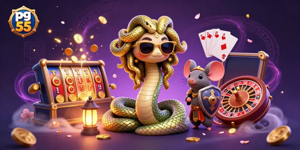 Engage with pg 55 through a vibrant casino scene featuring a cute Medusa and warrior mouse with dynamic game elements.