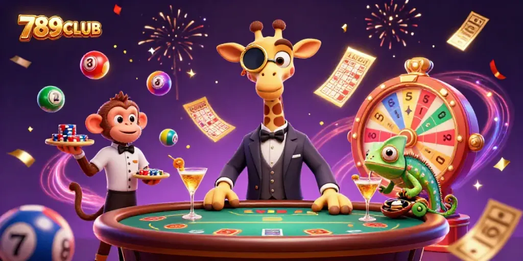 Engage with the vibrant scene at 789CLUB featuring a high-roller giraffe and magical gaming elements.