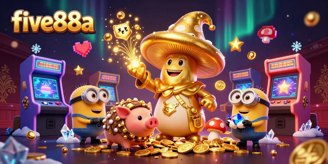 Experience the magic of five88a with golden mushroom wizard and treasures in a vibrant casino scene.