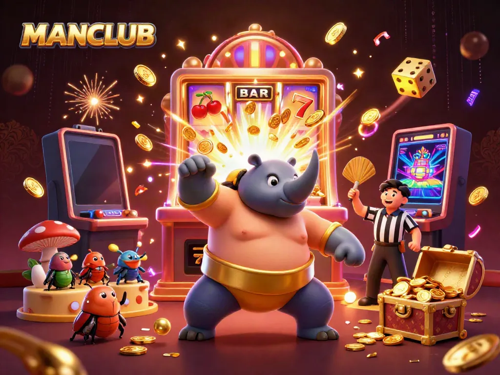 Experience the thrill of gaming with MANCLUB, featuring a dynamic 3D casino scene overflowing with gold and excitement.
