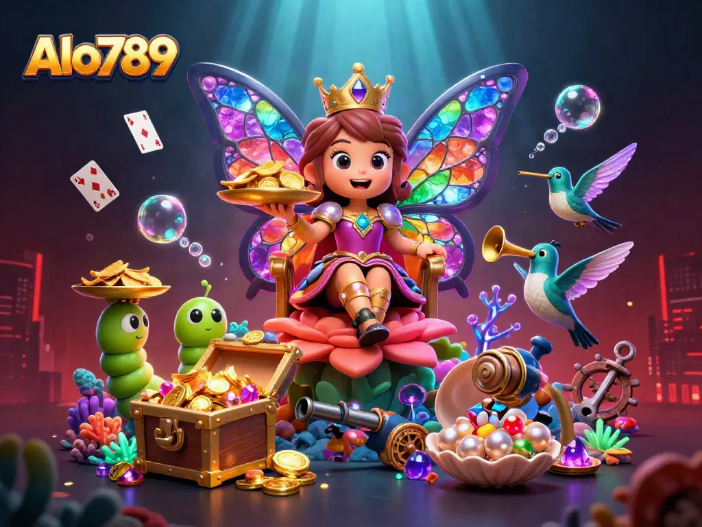 Alo789's colorful gaming scene bursts with excitement, showcasing a butterfly queen, treasure, and vibrant casino elements.