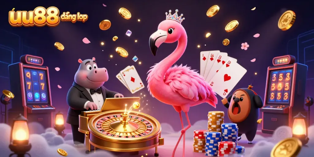 Experience the vibrant excitement of uu88 đăng nhập, surrounded by casino elements and performing characters.