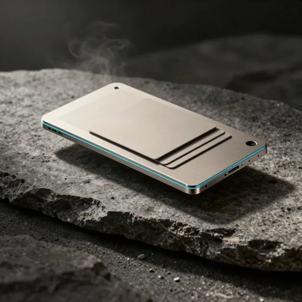 Zwevende website-scanmodule boven basalt met cyan gloed en mist.