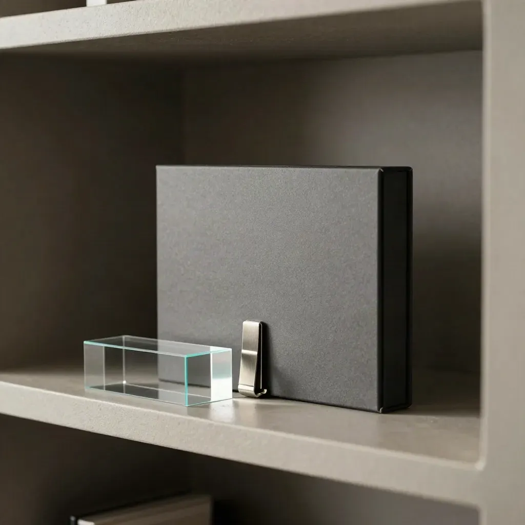 Donkere B2B-kit met acrylblokken en metalen clip in een sfeervolle nis.