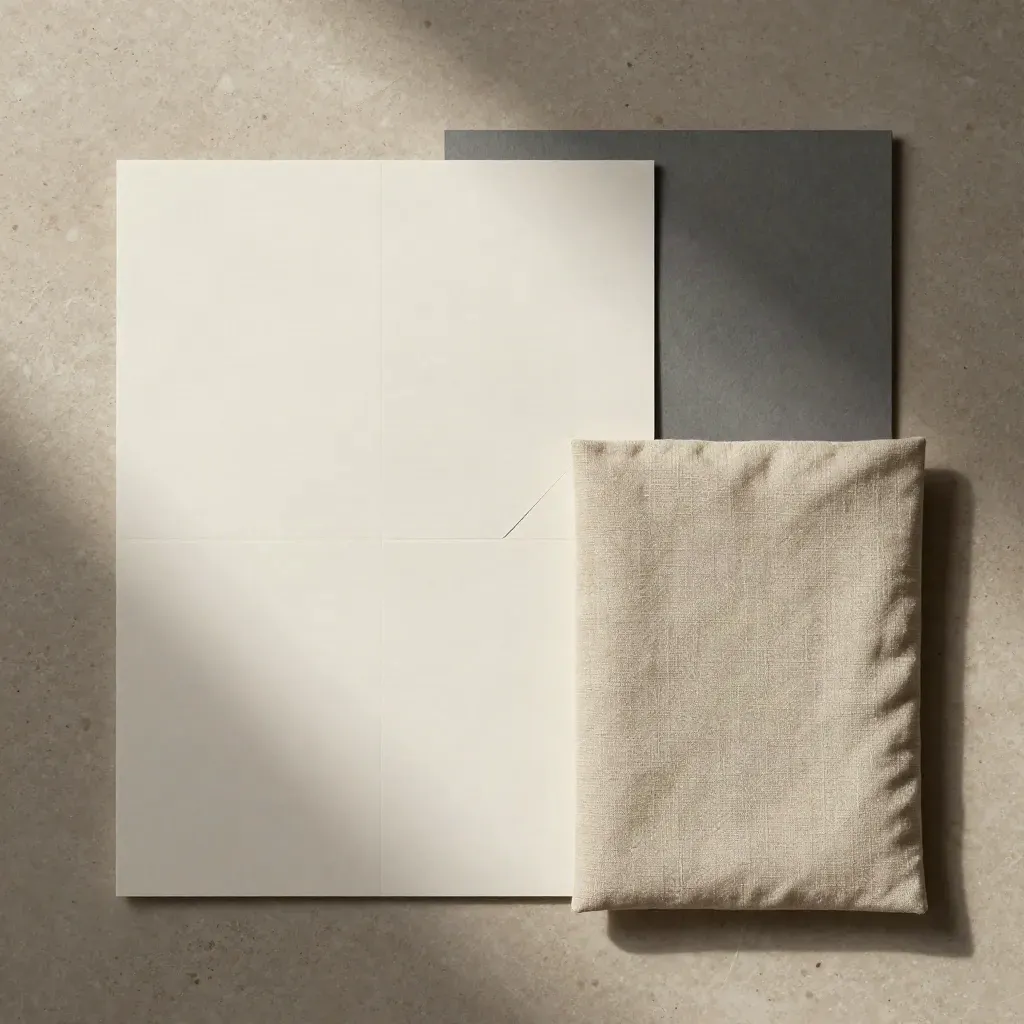 Top-down flatlay van een contentpakket met papiermodules, linnen sleeve en kalksteen.
