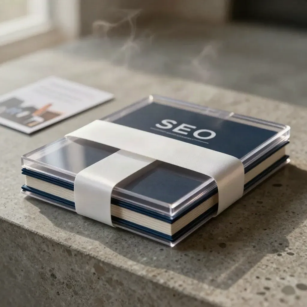 Macrofoto van een half geopend SEO-sprintkit met witte band en blauwe accenten op travertin.