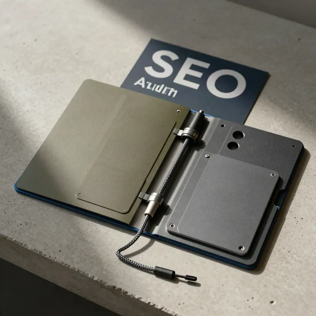 Overhead flatlay van een SEO-techniek check-kit met folder, kaarten en kabel op beton.