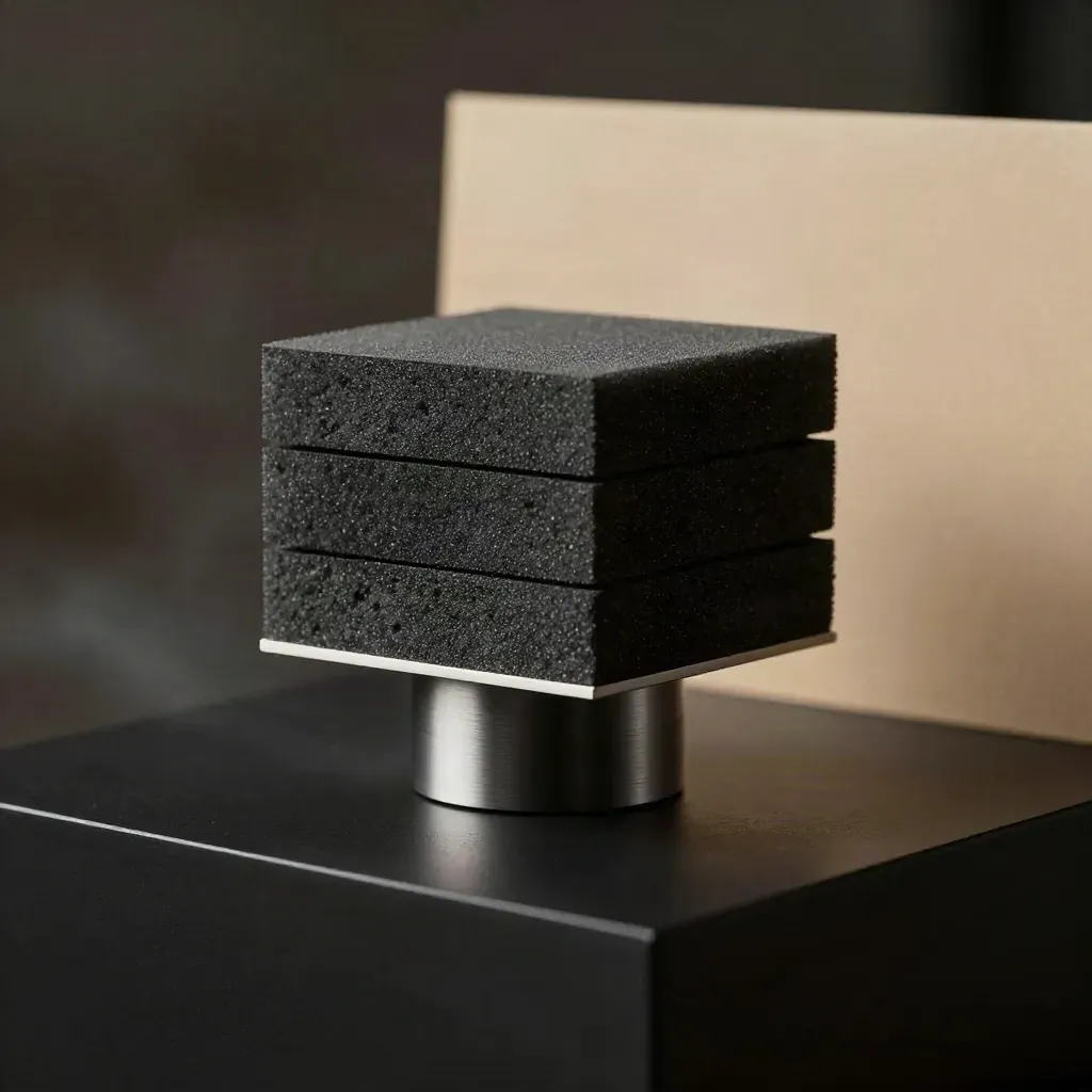 Donkere leadmachine-set met drie blokken en cilindrische houder op matte zwarte ondergrond.