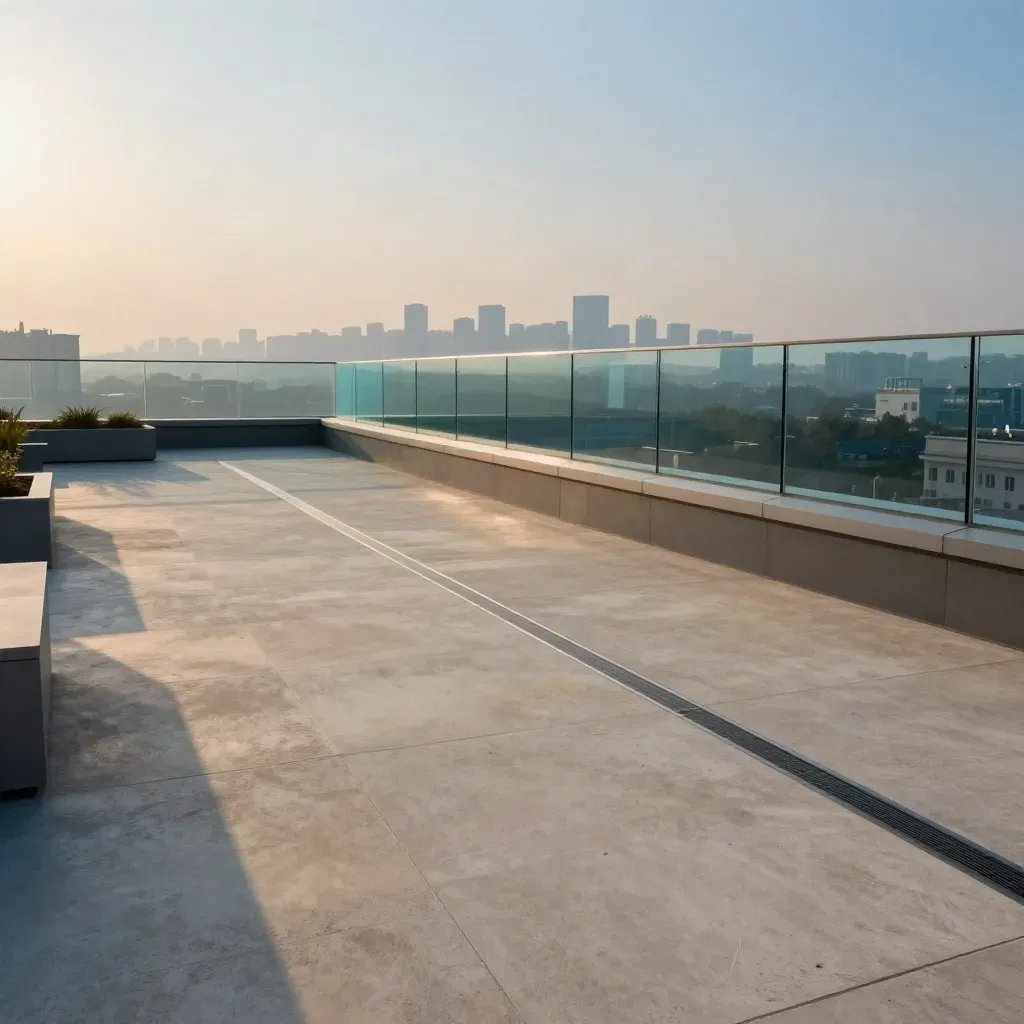 Dakterras met beton, glas en skyline in blauwe avondmist bij warme schemering.