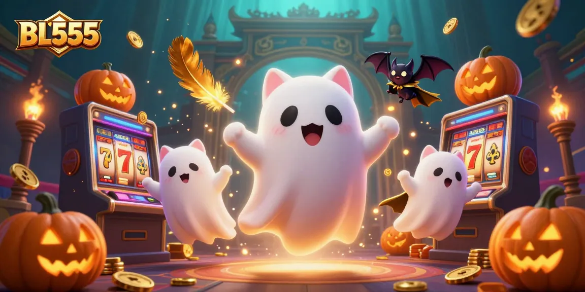 Experience thrilling gameplay at BL555 with a ghost cat and vibrant slot machine backdrop.