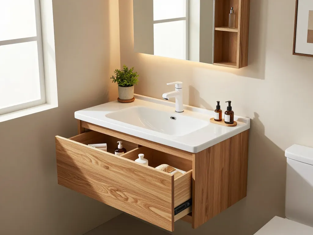 Een stijlvolle wastafelunit van 50 cm breed in een moderne badkamer met natuurlijk licht en elegante accessoires.